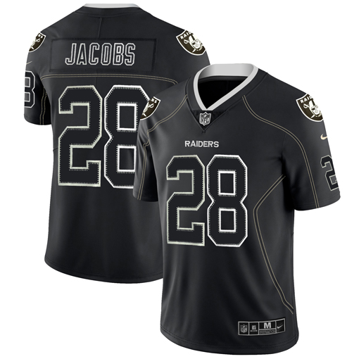 Men's Oakland Raiders #28 Josh Jacobs Black NFL Lights Out Color Rush Limited Stitched Jersey Men's Oakland Raiders #28 Josh Jacobs Black NFL Lights Out Color Rush Limited Stitched Jersey